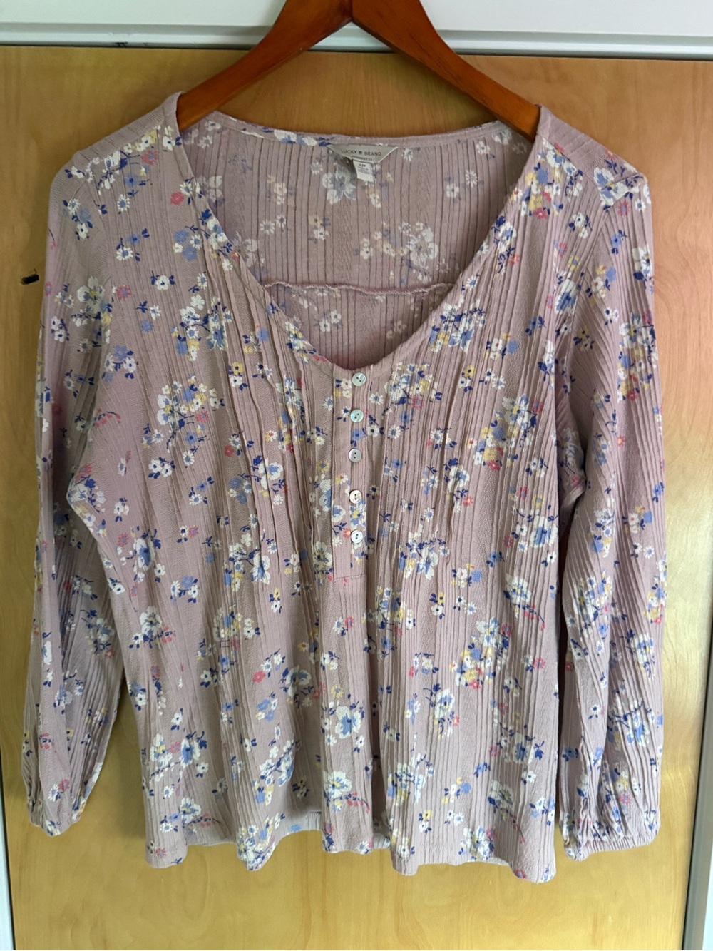 Lucky Brand Dusty Mauve Floral Ribbed Long-Sleeve Blouse